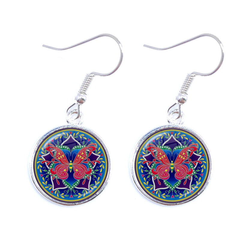 Mandala Picture Drop Earrings Henna Yoga Om Symbol Zen Buddhism 16mm Glass Cabochon Dome Jewellery For Women Girls Gift