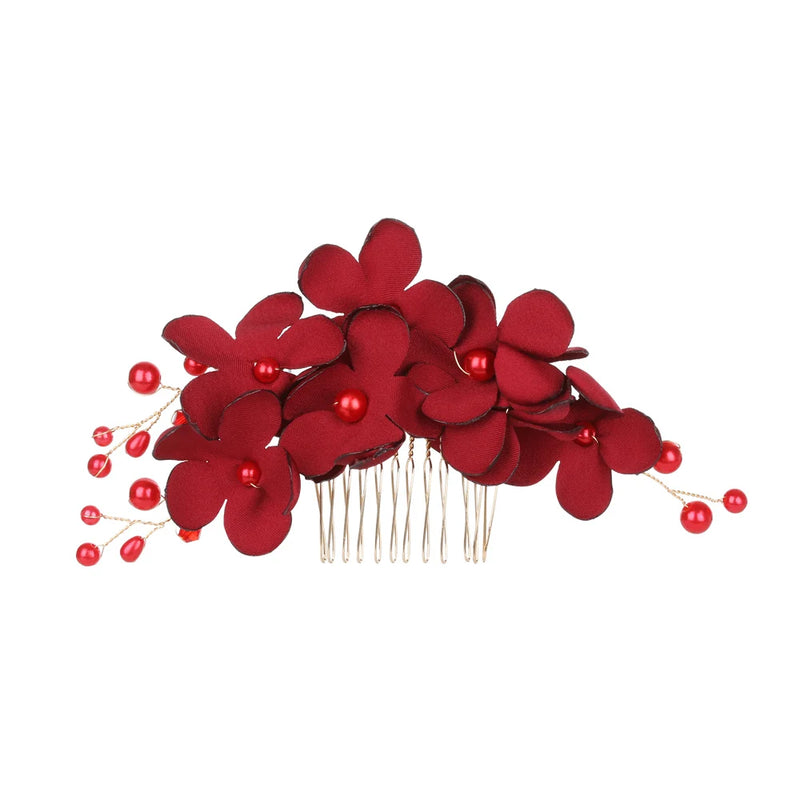 1Pcs Fashion Red Flower Hair Comb Bridesmaid Crystal Hair Clip Bridal Hairpin Wedding Hair Jewelry For Women Party Hairband Gift