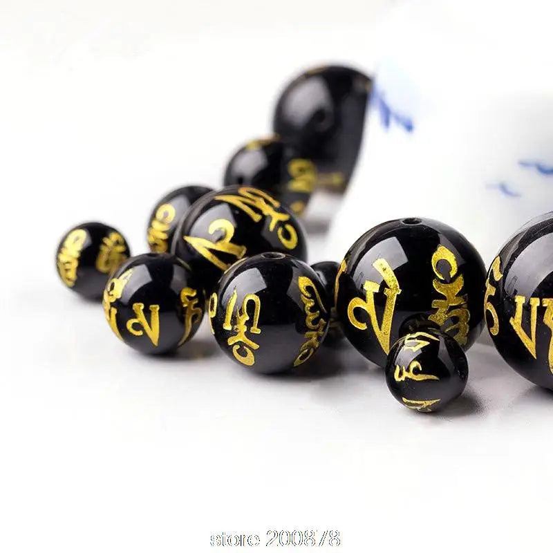 10beads Tibetan Mantras Beads Black Agate Round beads 6/8/10/12/14/16mm OM MANI PAD ME HUM TSB0514