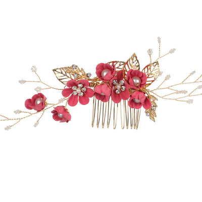 1Pcs Fashion Red Flower Hair Comb Bridesmaid Crystal Hair Clip Bridal Hairpin Wedding Hair Jewelry For Women Party Hairband Gift