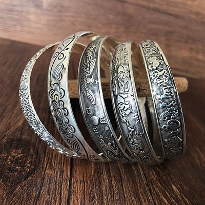 New Retro Cuff Bracelets Tibetan Silver Metal Carving Fish Elephant Flower Bangles Vintage Gypsy Jewelry Female Gifts