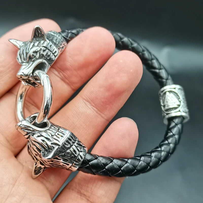 dropshipping 1pcs rune bead Wolf Head leather Bracelet Stainless Steel viking Bracelet bangle for Men jewelry