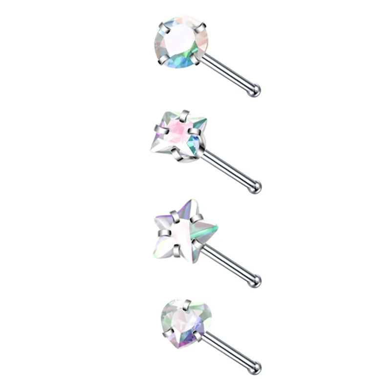 4PCS/Set Surgical Steel Heart Nose Ring Set Real Star L Shape Nose Stud Set Square Nose Rings And Studs Bulk Piercing Nariz Lote