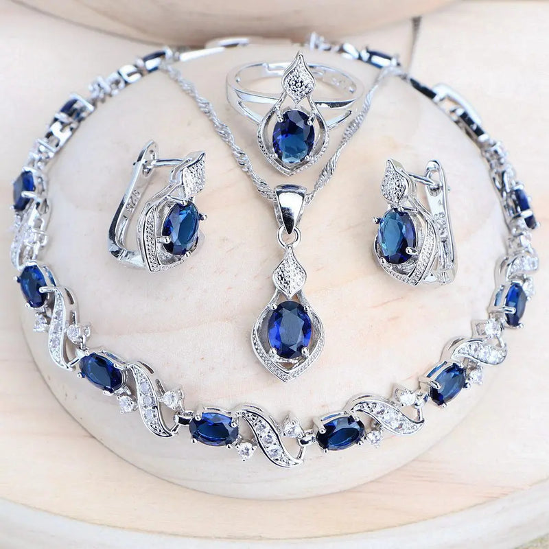 Women Silver 925 Bridal Jewelry Sets Blue Cubic Zirconia Costume Jewellery Wedding Earrings Rings Bracelets Pendant Necklace