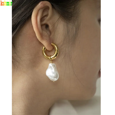 Stainless Steel Ear Clips Vintage Imitation Baroque Pearl Dangle Earrings Women Jewelry, Party Gift, Fashion