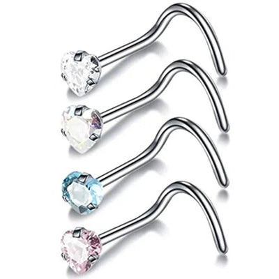 4PCS/Set Surgical Steel Heart Nose Ring Set Real Star L Shape Nose Stud Set Square Nose Rings And Studs Bulk Piercing Nariz Lote