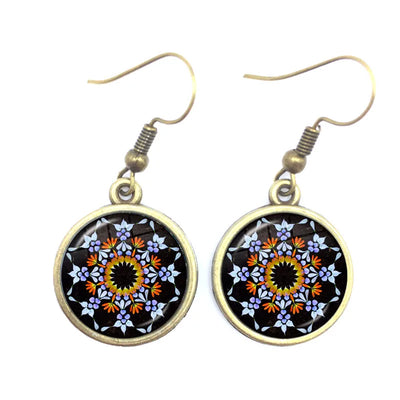 Mandala Picture Drop Earrings Henna Yoga Om Symbol Zen Buddhism 16mm Glass Cabochon Dome Jewellery For Women Girls Gift