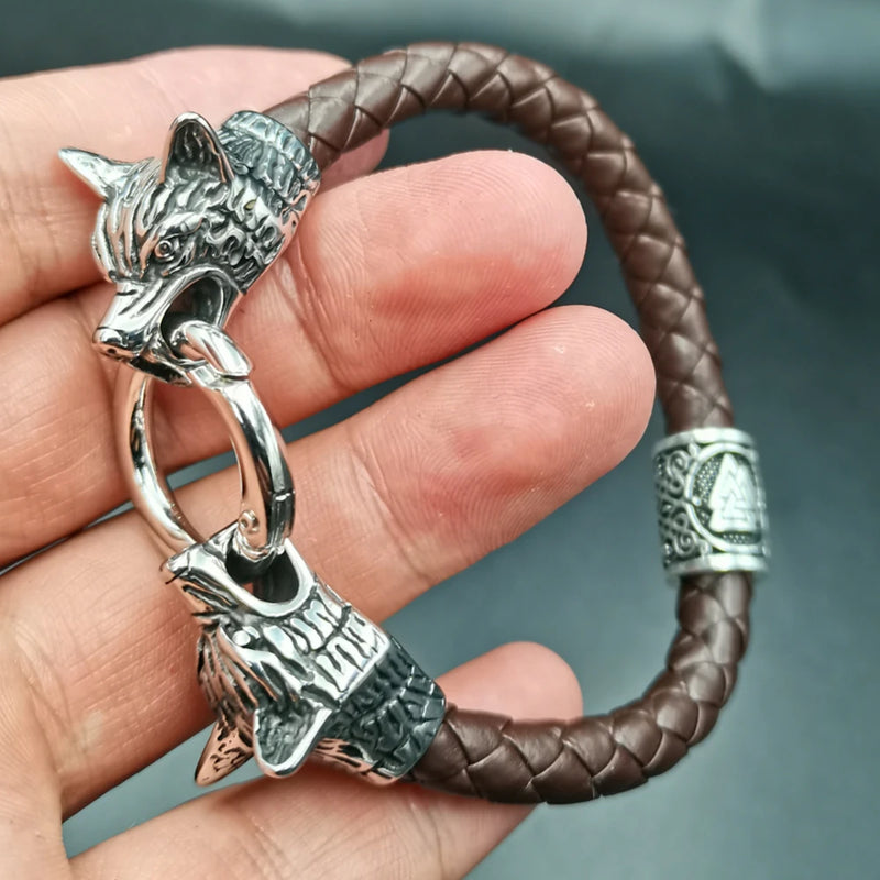 dropshipping 1pcs rune bead Wolf Head leather Bracelet Stainless Steel viking Bracelet bangle for Men jewelry