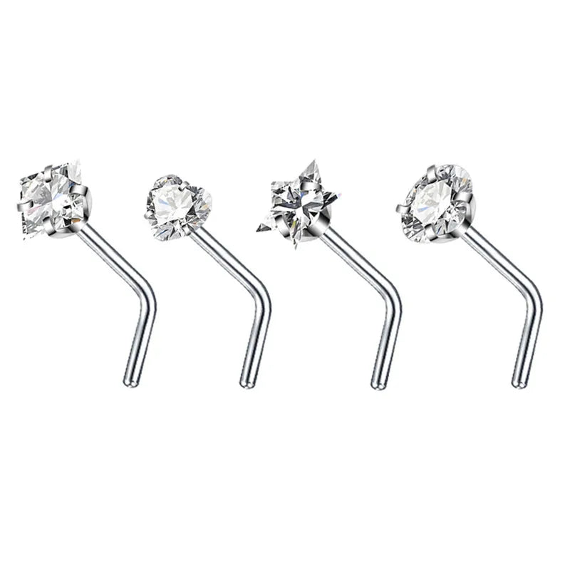 4PCS/Set Surgical Steel Heart Nose Ring Set Real Star L Shape Nose Stud Set Square Nose Rings And Studs Bulk Piercing Nariz Lote