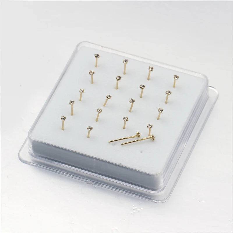 1set 20 Pcs Straight Pin Nose Stud With 1.5mm Crystal Nose Piercing Body Jewelry Nose Studs Rings Piercing Pin Body Jewelry