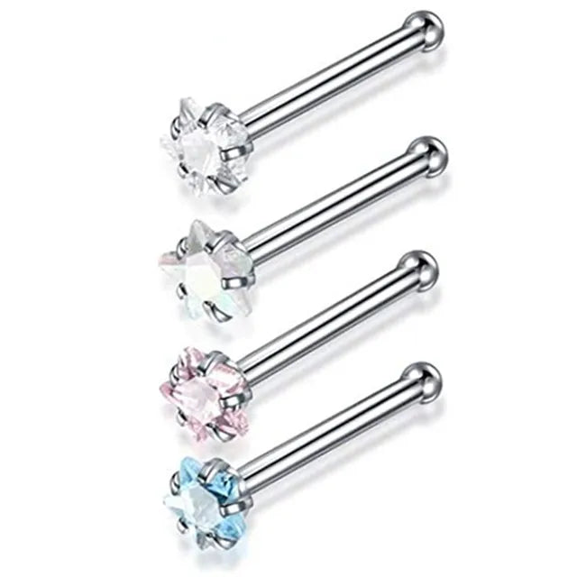 4PCS/Set Surgical Steel Heart Nose Ring Set Real Star L Shape Nose Stud Set Square Nose Rings And Studs Bulk Piercing Nariz Lote