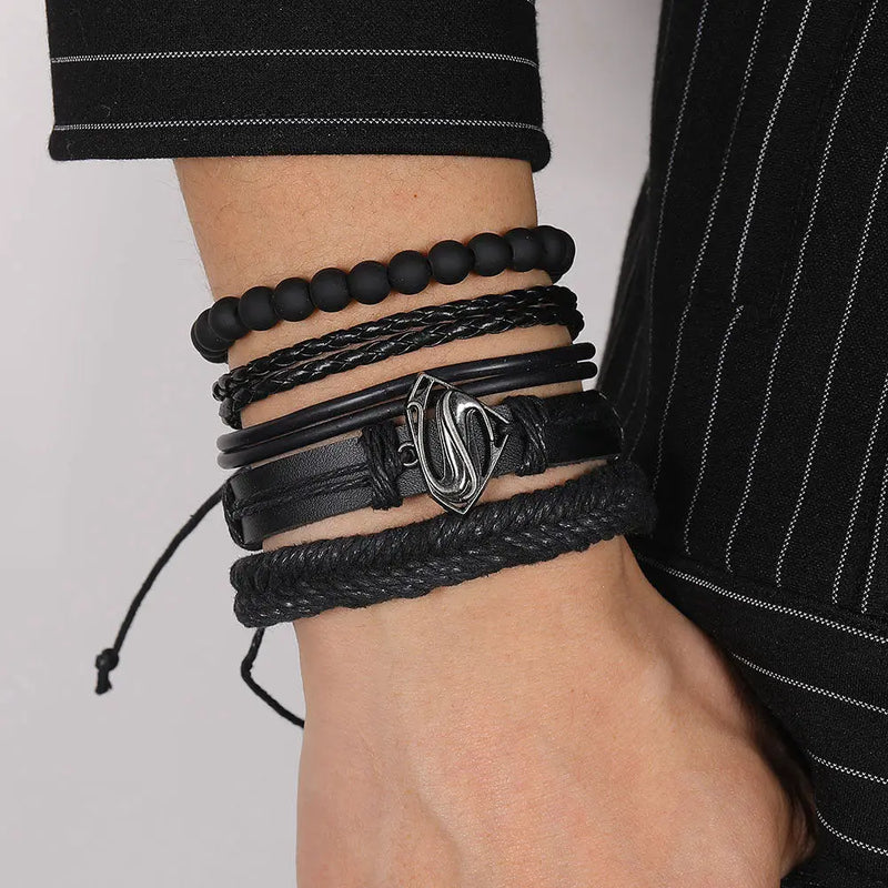 Fashion Black Bead Leather Bracelets For Men Multilayer Bracelet & Bangles Super Cross Punk Rock Bracelet & Bangles Accessories