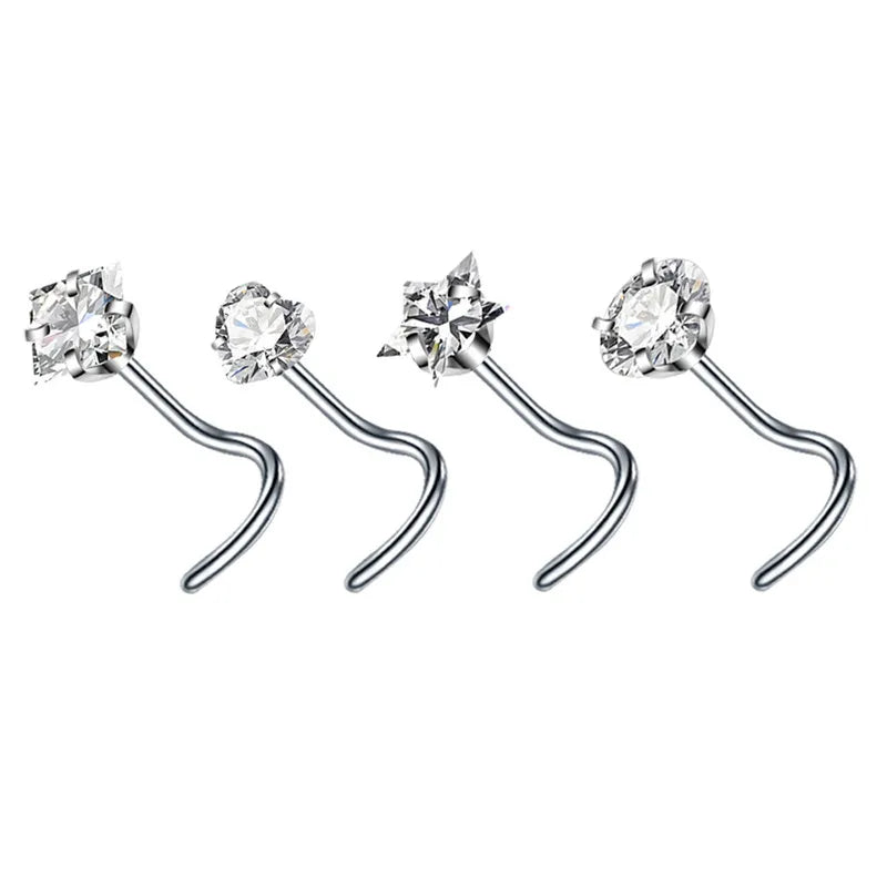 4PCS/Set Surgical Steel Heart Nose Ring Set Real Star L Shape Nose Stud Set Square Nose Rings And Studs Bulk Piercing Nariz Lote