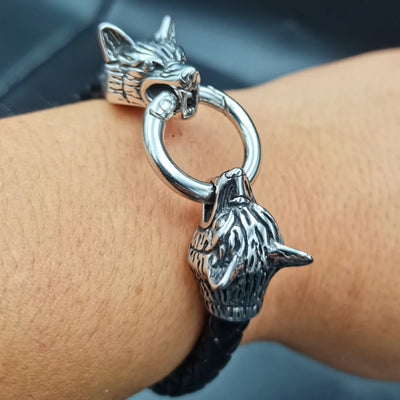 dropshipping 1pcs rune bead Wolf Head leather Bracelet Stainless Steel viking Bracelet bangle for Men jewelry