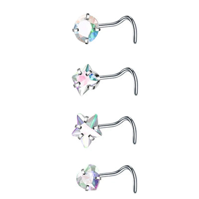 4PCS/Set Surgical Steel Heart Nose Ring Set Real Star L Shape Nose Stud Set Square Nose Rings And Studs Bulk Piercing Nariz Lote