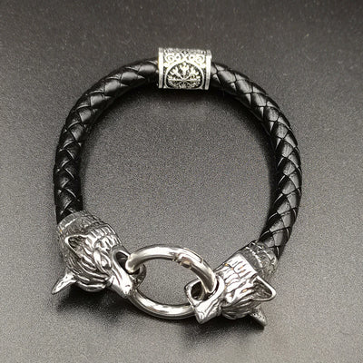 dropshipping 1pcs rune bead Wolf Head leather Bracelet Stainless Steel viking Bracelet bangle for Men jewelry