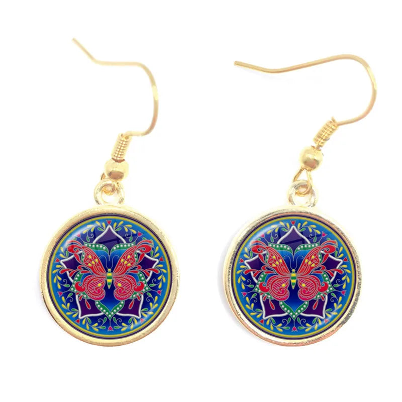 Mandala Picture Drop Earrings Henna Yoga Om Symbol Zen Buddhism 16mm Glass Cabochon Dome Jewellery For Women Girls Gift