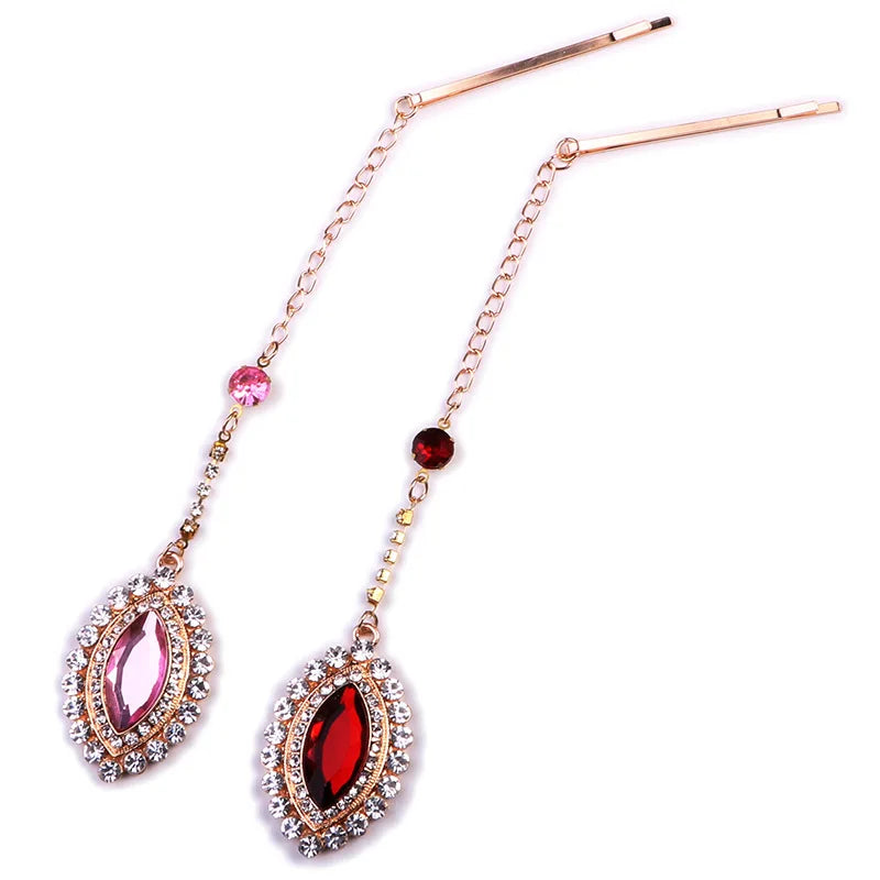 High Quality Red Pink Elegant India Style Crystal Hairpin Clips Forehead Pendant Jewelry Bride Noiva Bridal Wedding Headwear