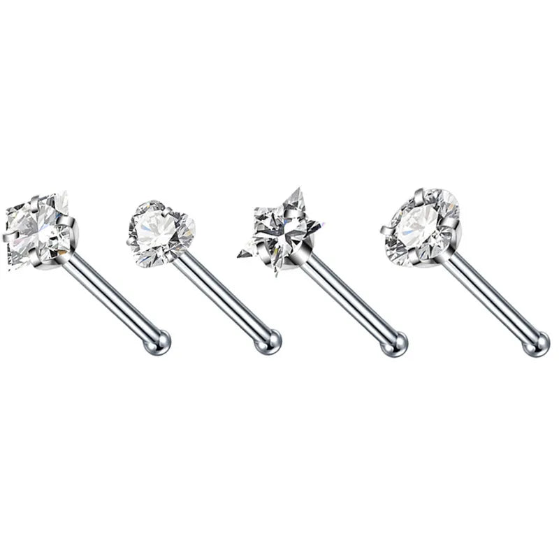 4PCS/Set Surgical Steel Heart Nose Ring Set Real Star L Shape Nose Stud Set Square Nose Rings And Studs Bulk Piercing Nariz Lote