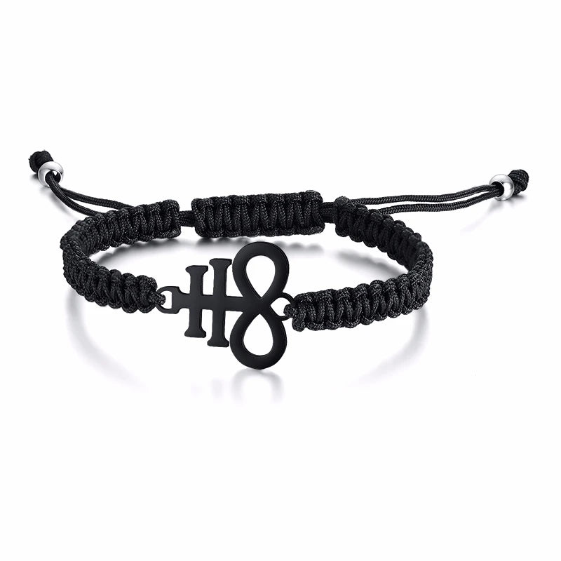 ADJUSTABLE BLACK BRAIDED WITH STAINLESS STEEL SATANIC LEVIATHAN CROSS SIGIL OF LUCIFER BRACELET FOR MEN UNISEX JEWELRY