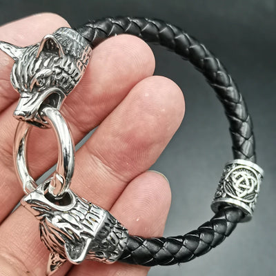 dropshipping 1pcs rune bead Wolf Head leather Bracelet Stainless Steel viking Bracelet bangle for Men jewelry