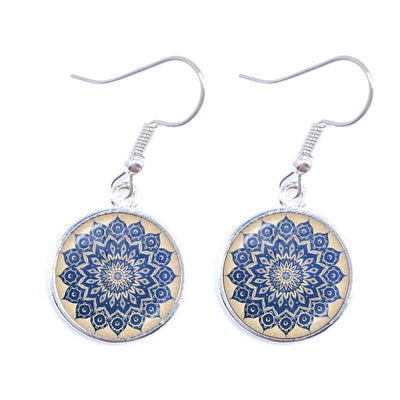 Mandala Picture Drop Earrings Henna Yoga Om Symbol Zen Buddhism 16mm Glass Cabochon Dome Jewellery For Women Girls Gift