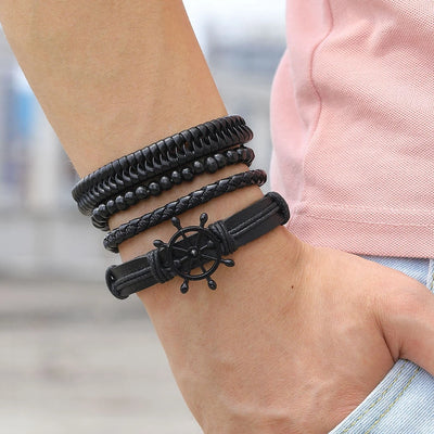 Fashion Black Bead Leather Bracelets For Men Multilayer Bracelet & Bangles Super Cross Punk Rock Bracelet & Bangles Accessories