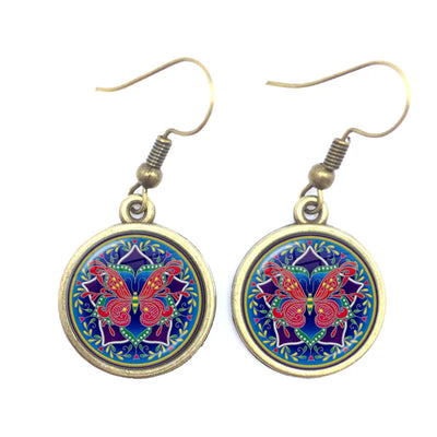 Mandala Picture Drop Earrings Henna Yoga Om Symbol Zen Buddhism 16mm Glass Cabochon Dome Jewellery For Women Girls Gift