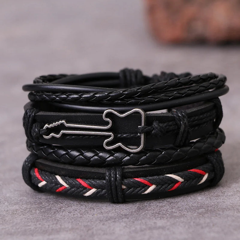 Fashion Black Bead Leather Bracelets For Men Multilayer Bracelet & Bangles Super Cross Punk Rock Bracelet & Bangles Accessories