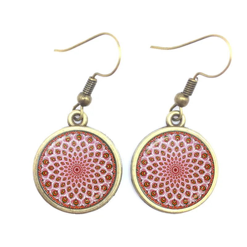 Mandala Picture Drop Earrings Henna Yoga Om Symbol Zen Buddhism 16mm Glass Cabochon Dome Jewellery For Women Girls Gift