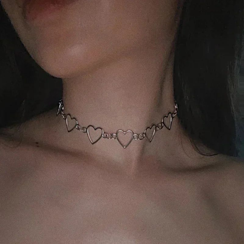 Independent Gothic Metal Hollow Connecting Heart Neck Chains Choker Collar Necklace Women&