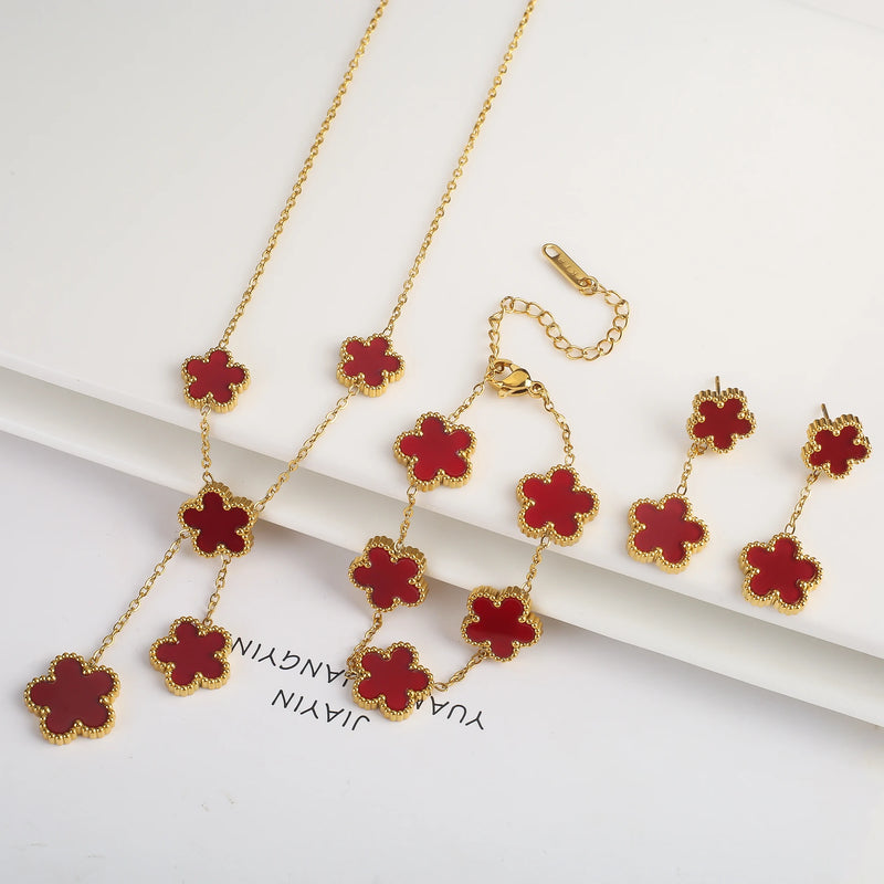 Gold Plated Lucky Stainless Steel Five Leaf Flower 3PCS Jewelry Set Bracelet Necklace Earrings for Women Party Jewelry Clover