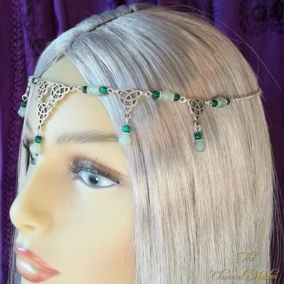 Green Gemstone Celtic Headpiece, Medieval Triquetra Circlet, Renaissance Headdress, Medieval Costume Jewellery, Wedding