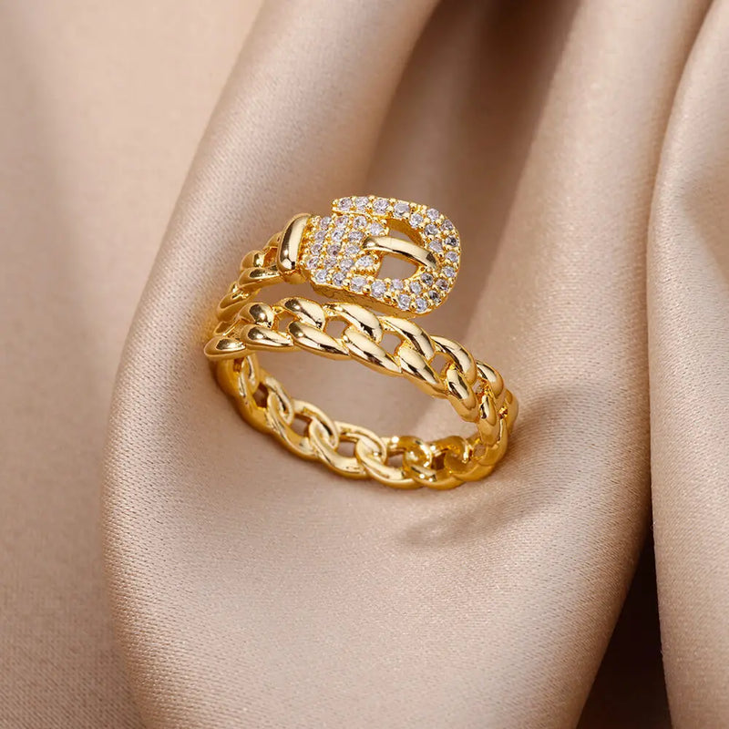 Fashion Gold Color Stainless Steel Rings For Women Chain Hollow Out Crystal Zircon Finger Ring Jewelry 2023 Gift anillos mujer