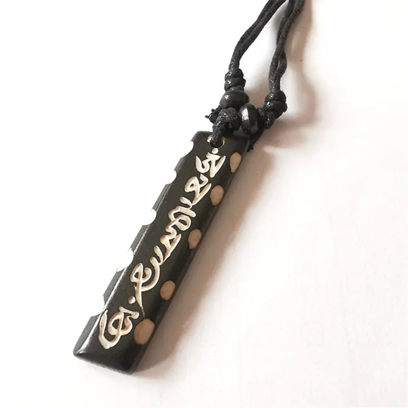 TNL353 Tibetan Yak Bone Carved Mantras Amulets Long Bar Pendant Necklace OM MANI PADME HUM Buddha Eye