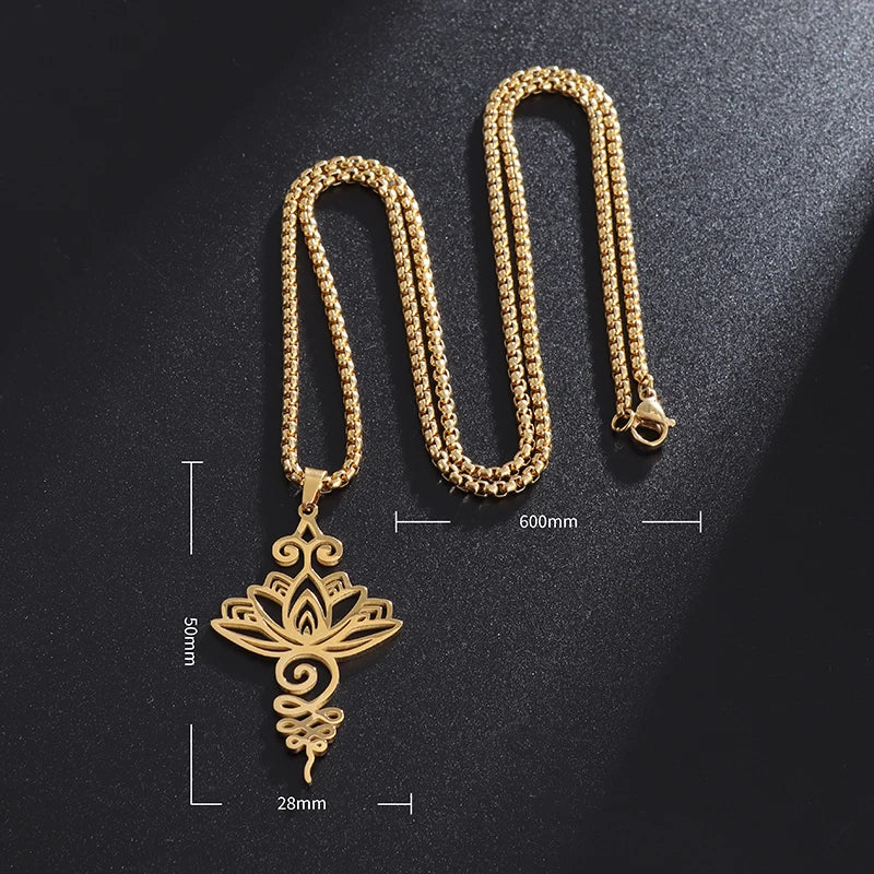 Delicate Lotus Symbol Pendant Necklace Ancient Hindu Yoga Buddhist Gift Unique Geometric Stainless Steel Jewelry for Women Girls