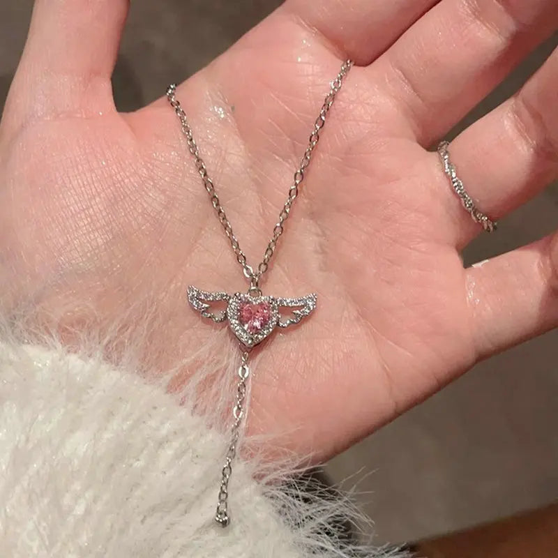 Crystal Silver Color Cupid Heart Necklaces Women Angel Wings Love Pendant Choker Clavicle Chain Luxury Niche Design Jewelry