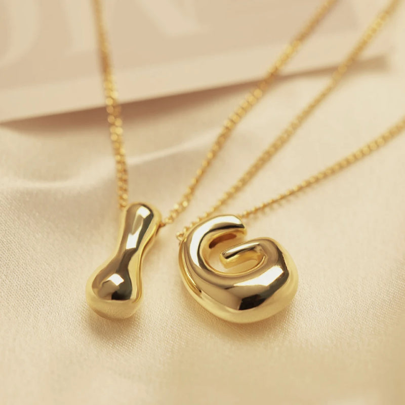 Golden Color Stainless Steel Initial Necklace for Women Girls Chunky Bubble Letter Pendant Necklaces Trendy Collar Jewelry Gift