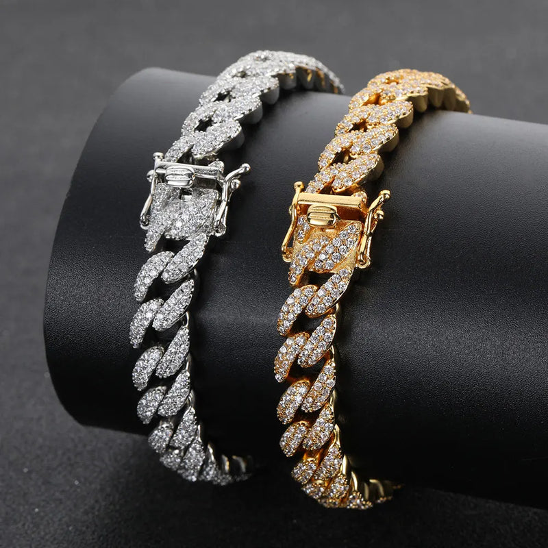 9MM 2 Rows Copper Cubic Zirconia Bling Iced Gold Plated Hip Hop Cuban Link Chain Bracelet Jewelry For Women Accessories