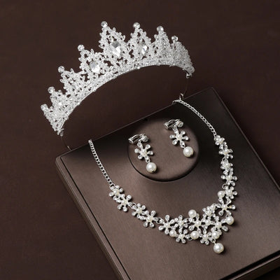 Luxury Silver Color Crystal Water Drop Bridal Jewelry Sets Rhinestone Tiaras Crown Necklace Earrings Wedding Dubai Jewelry Set