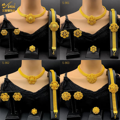 ANIID Dubai 24K Gold Plated Jewelry Set For Women African Indian Choker Necklace Earring Nigerian Jewellery Wedding Party Gifts