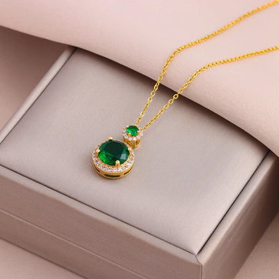 New In Fashion Green Zircon Crystal Pendant Stainless Steel Necklaces For Women Trendy Retro Style Female Clavicle Chain Jewelry