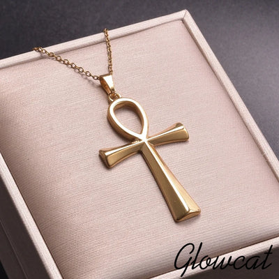 GLOWCAT Ancient Egypt Anke Cross Pendant Necklaces For Women Men Accessories No Fade Simple Stainless Steel Necklace Choker Gift