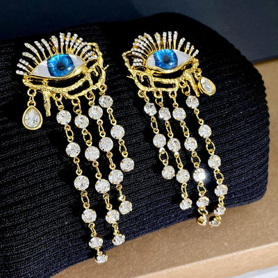 Blue Devil's Eye,  Tassel Long Earrings, European Vintage Ear Studs With Diamonds, Medieval Court Style Ear Pendants