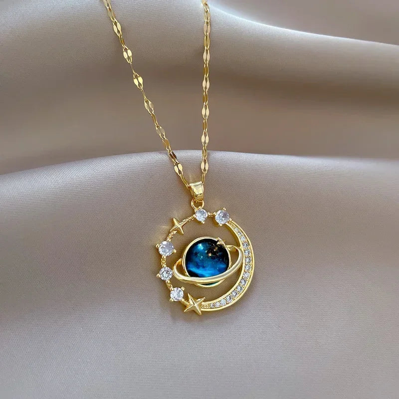 Dainty Blue Planet Necklace Stainless Steel Clavicle Chain Zircon Saturn Space Earth Pendant Necklace Aesthetics Jewelry Collar