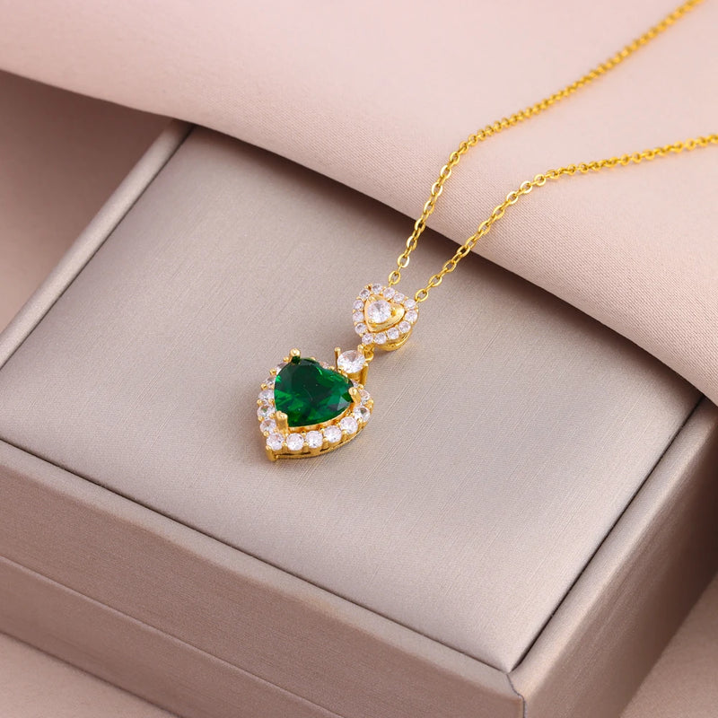 New In Fashion Green Zircon Crystal Pendant Stainless Steel Necklaces For Women Trendy Retro Style Female Clavicle Chain Jewelry