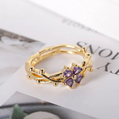 Cute Romantic Purple Four Leaf Zircon Flower Adjustable Rings for Women New Charm Gold Color Stainless Steel Finger Jewelry Gift