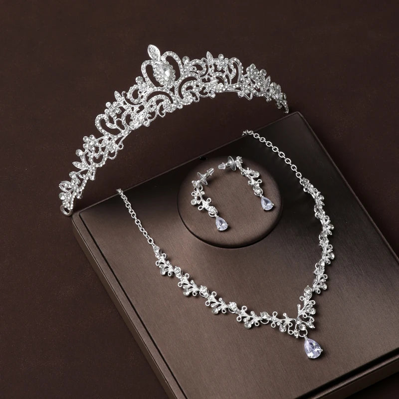 Luxury Silver Color Crystal Water Drop Bridal Jewelry Sets Rhinestone Tiaras Crown Necklace Earrings Wedding Dubai Jewelry Set