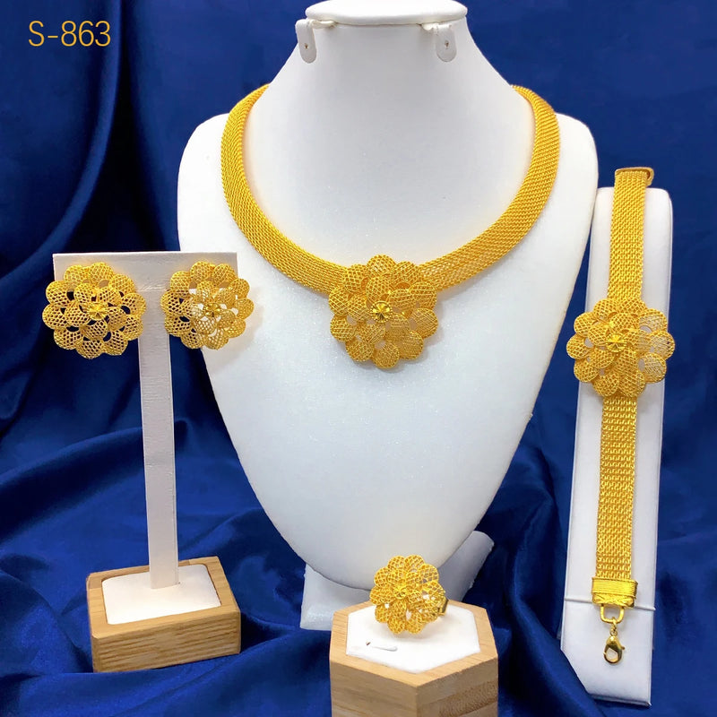 ANIID Dubai 24K Gold Plated Jewelry Set For Women African Indian Choker Necklace Earring Nigerian Jewellery Wedding Party Gifts