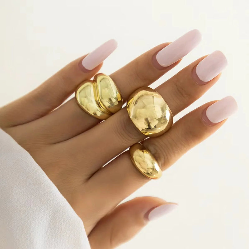 Fashion Gold Color Smooth Geometric Open Rings Set For Women Exaggerated Metal Irregular Thick Chunky Ring Trendy Jewelry Gifts